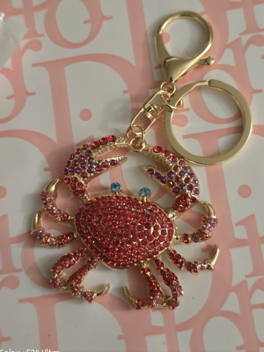 Gold-Tone Crab Keychain with Pink and Red Crystal Accents